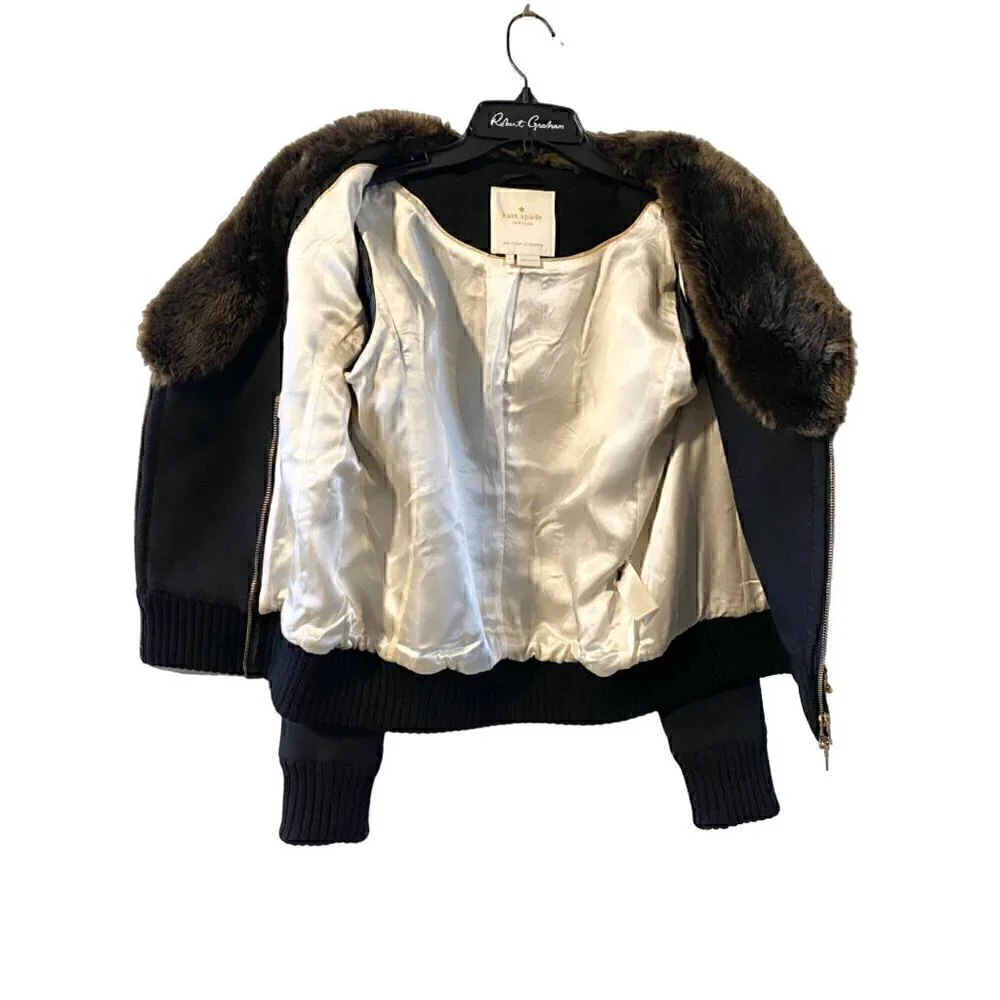 kate spade trina fur collar wool jacket 4 double zipper brown black $698